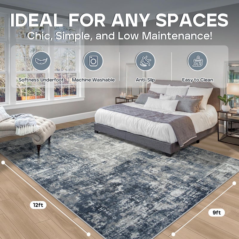 Aelenmu 9x12 Area Rugs for Living Room Rug Washable: Modern Large Rug for Dining Room Bedroom Carpet Non Slip 9 by 12 Indoor Abstract Nursery Home Office Blue Grey - Image 2