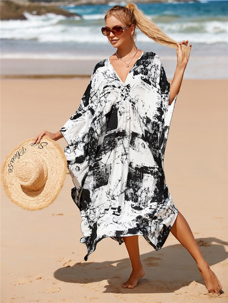 Generic Handcrafted Beach Cover-Up Loose Plus Size DN0691-13 ink black 