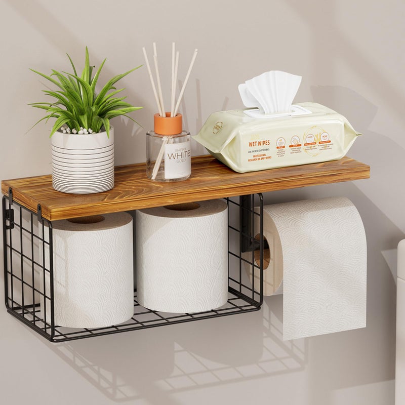 VITVITI Toilet Paper Holder with Shelf Wall Mounted Toilet Paper Storage Basket Wood Metal Toilet Roll and Wipes Holder for Bathroom Farmhouse Brown