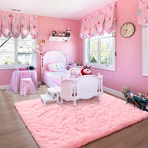 Noahas Fluffy 4x5.3 Pink Rugs for Bedroom Girls,Shaggy Kids Rug,Thick Shag Throw Floor Carpet,Soft Non-Slip Dorm Nursery Area Rugs for Living Room Home Decor Aesthetic - Image 3