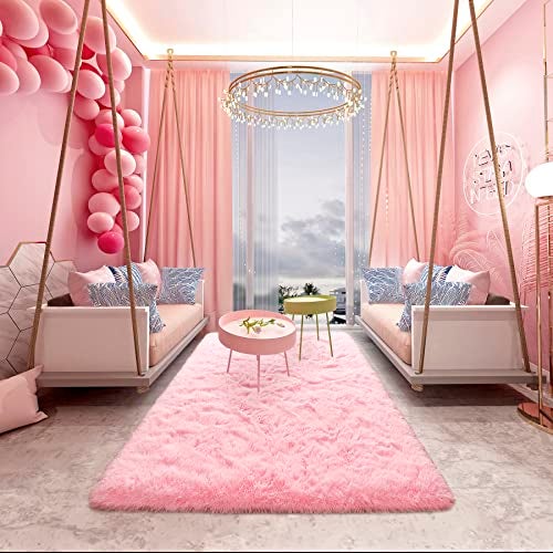 Noahas Fluffy 4x5.3 Pink Rugs for Bedroom Girls,Shaggy Kids Rug,Thick Shag Throw Floor Carpet,Soft Non-Slip Dorm Nursery Area Rugs for Living Room Home Decor Aesthetic - Image 5