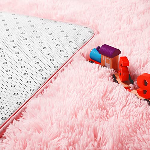 Noahas Fluffy 4x5.3 Pink Rugs for Bedroom Girls,Shaggy Kids Rug,Thick Shag Throw Floor Carpet,Soft Non-Slip Dorm Nursery Area Rugs for Living Room Home Decor Aesthetic - Image 4