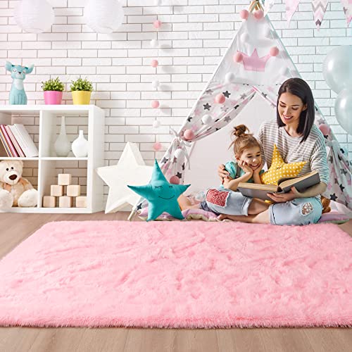 Noahas Fluffy 4x5.3 Pink Rugs for Bedroom Girls,Shaggy Kids Rug,Thick Shag Throw Floor Carpet,Soft Non-Slip Dorm Nursery Area Rugs for Living Room Home Decor Aesthetic - Image 2