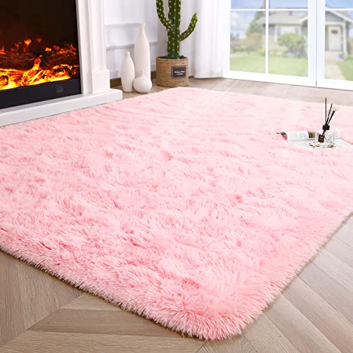 Noahas Fluffy 4x5.3 Pink Rugs for Bedroom Girls,Shaggy Kids Rug,Thick Shag Throw Floor Carpet,Soft Non-Slip Dorm Nursery Area Rugs for Living Room Home Decor Aesthetic - Image 1