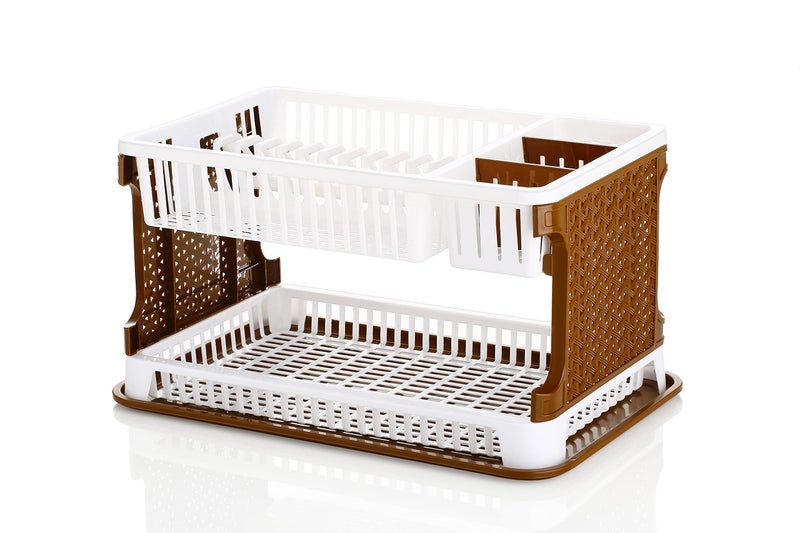 Attro Lenova Utensil Basket-Stylish and Durable Plastic Kitchen Organizer Rack Cutlery Utensil,Simple Assembly, Fruits and Vegetable Drying Drain and Storage Stand with Water Storing Tray-Brown - Image 1
