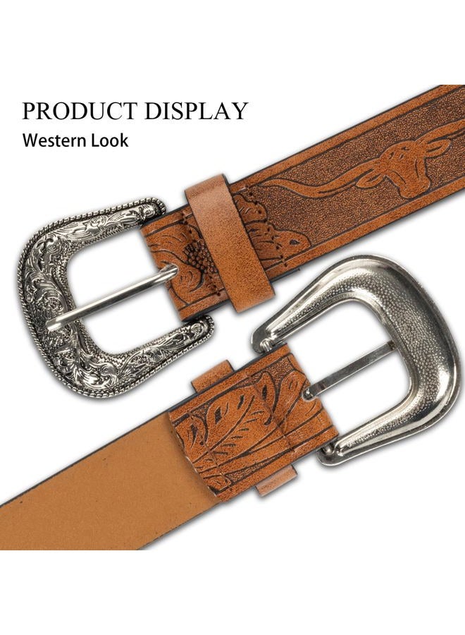 Eohak Western-Belt-for-Women-Cowgirl, PU-Leather-Waist-Belts with Vintage-Carved-Buckle and Tips-Ends for Jeans Pants Dresses, Brown-gold Buckle, M - Image 5