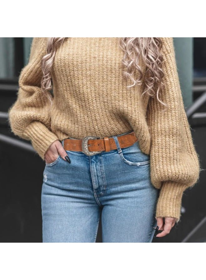 Eohak Western-Belt-for-Women-Cowgirl, PU-Leather-Waist-Belts with Vintage-Carved-Buckle and Tips-Ends for Jeans Pants Dresses, Brown-gold Buckle, M - Image 4