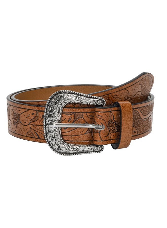 Eohak Western-Belt-for-Women-Cowgirl, PU-Leather-Waist-Belts with Vintage-Carved-Buckle and Tips-Ends for Jeans Pants Dresses, Brown-gold Buckle, M - Image 1