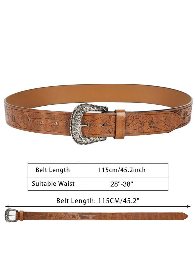 Eohak Western-Belt-for-Women-Cowgirl, PU-Leather-Waist-Belts with Vintage-Carved-Buckle and Tips-Ends for Jeans Pants Dresses, Brown-gold Buckle, M - Image 3