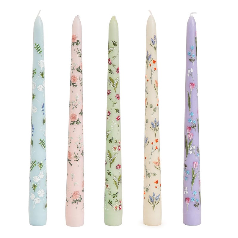 Sungmor Pretty Floral Taper Candlesticks, Beautiful 5-Color Decal Craft, 10" Long Decorative Candle, Scented & Colored Tall Candlestick, Long Burning & Smokeless Tapered Holiday Party Celebrate Candle - Image 1