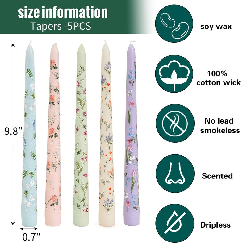 Sungmor Pretty Floral Taper Candlesticks, Beautiful 5-Color Decal Craft, 10" Long Decorative Candle, Scented & Colored Tall Candlestick, Long Burning & Smokeless Tapered Holiday Party Celebrate Candle - Image 4