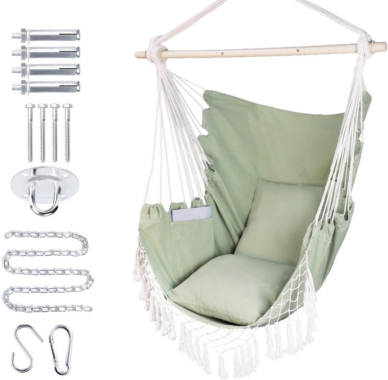 PIRNY Hammock Chair Hanging Rope Swing Chair,Max 500 Lbs, Large Hanging Chair with Pocket, 2 Cushions, Steel Bar with Anti-Slip Rings, Hardware Kit Included, Comfortable for Indoor Outdoor (Green) - Image 1