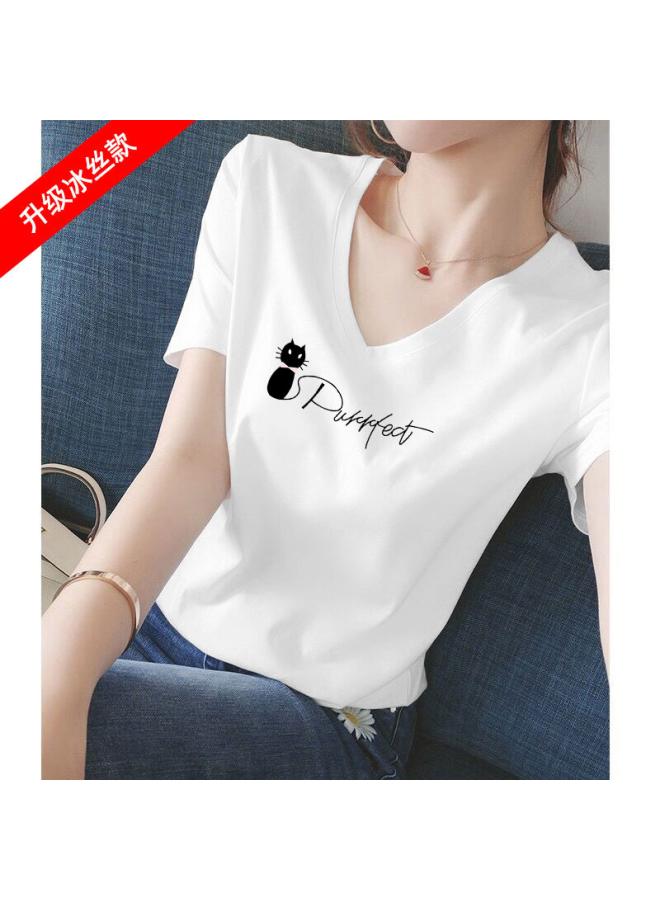 Song Feng Ya Cool V-neck White Short-sleeved T-shirt Women's Cotton Summer New Style Chicken Collar Shoulder Half-sleeved T-shirt Women's Top 