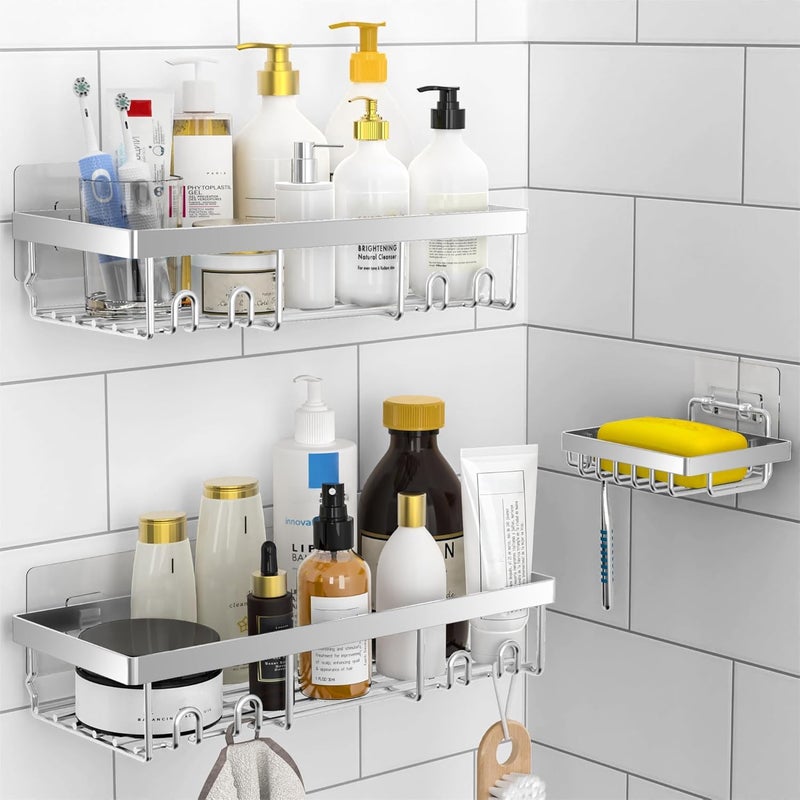 Moforoco 3-Pack Shower Caddy Basket Shelf with Soap Holder, No Drilling Traceless Adhesive Shower Wall Shelves, Rustproof Silver Bathroom Shower Storage Organizer - Image 1