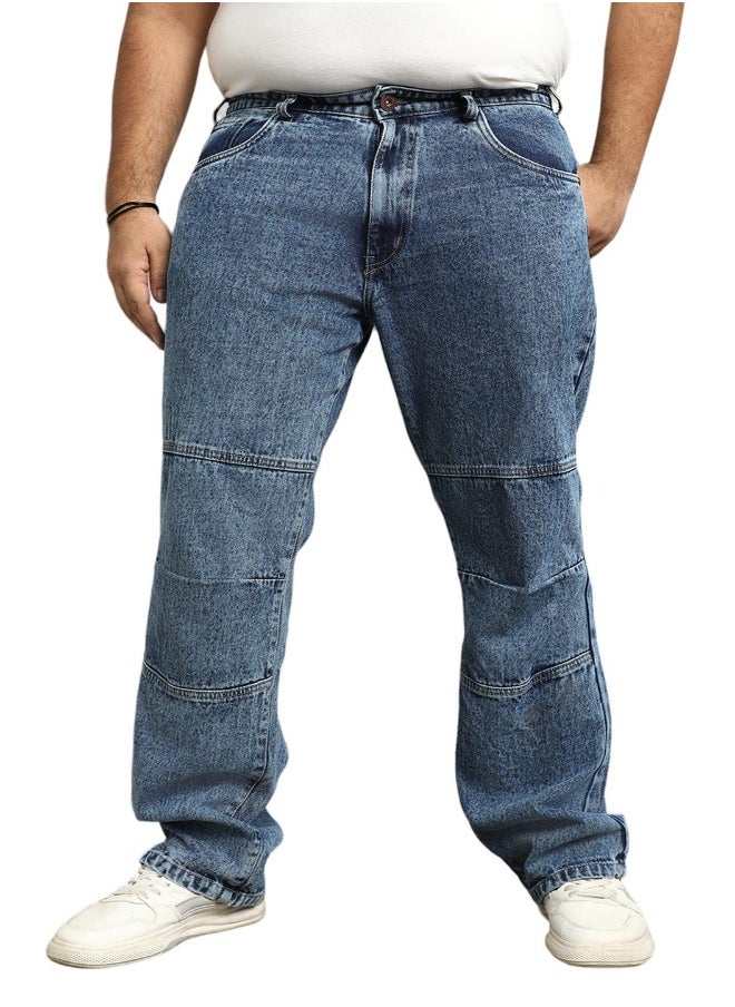 HIGH STAR Men's Indigo 100% Cotton Bleached Full Length Straight Fit Jeans 