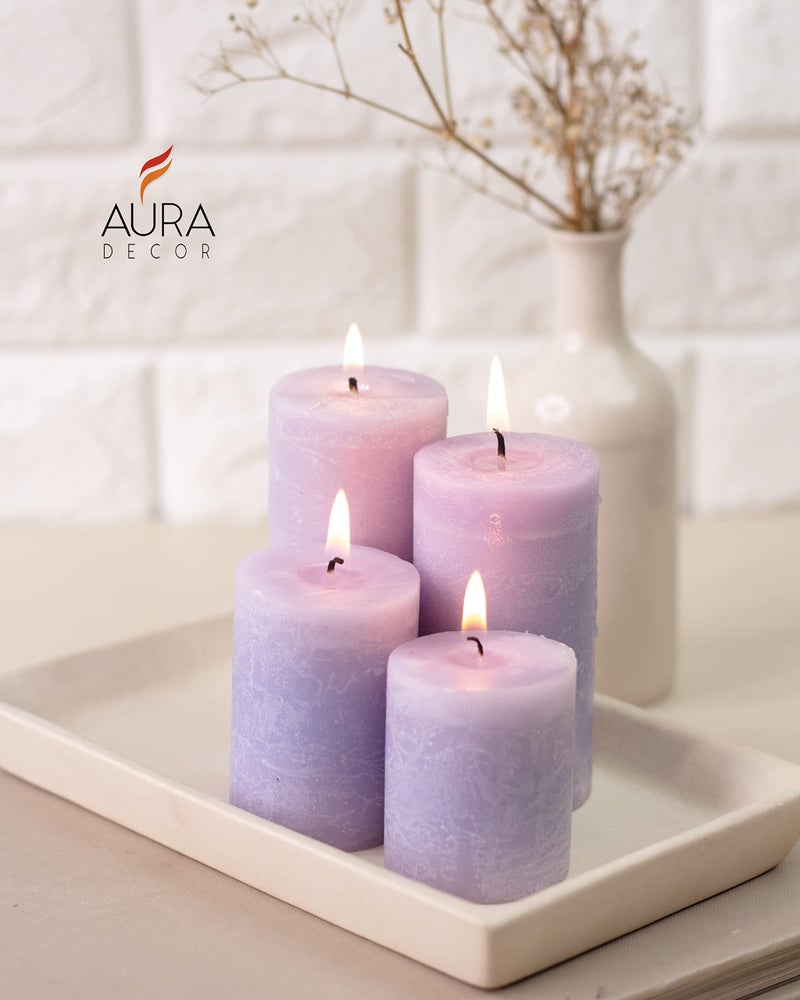 AURA DECOR AuraDecor Lavender Scented Pillar Candles Set of 4 | Long Burning Smokeless Wax Candles for Home Décor, Relaxation, Meditation, Spa & Wedding Decoration - Image 3