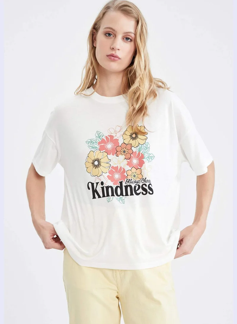 DeFacto Oversized Short Sleeve Floral & Slogan Print T-Shirt