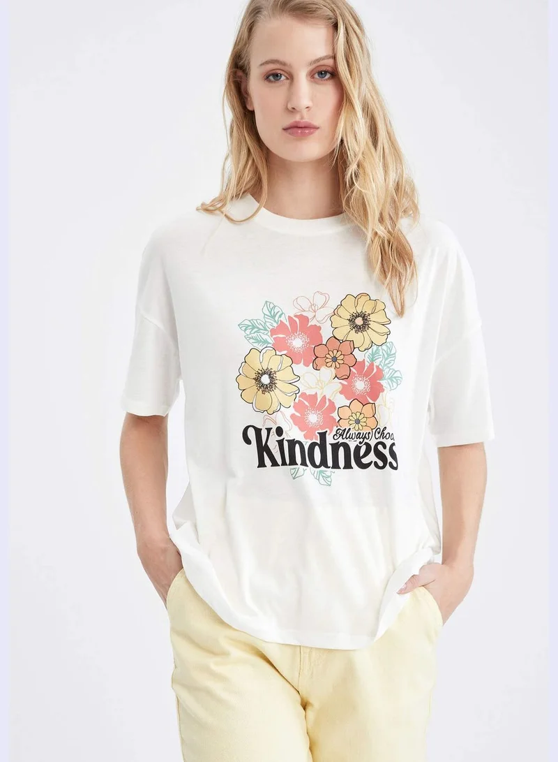DeFacto Oversized Short Sleeve Floral & Slogan Print T-Shirt
