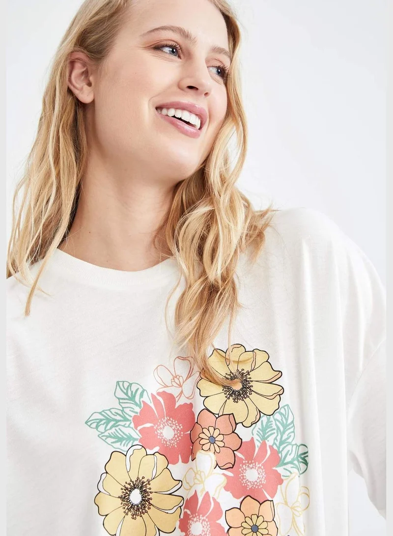 DeFacto Oversized Short Sleeve Floral & Slogan Print T-Shirt