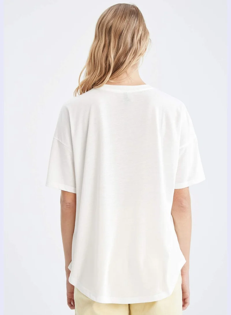 DeFacto Oversized Short Sleeve Floral & Slogan Print T-Shirt