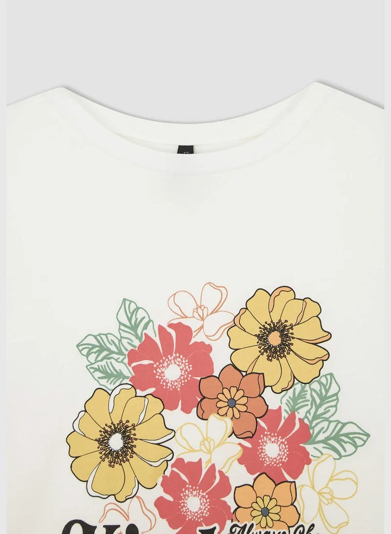 DeFacto Oversized Short Sleeve Floral & Slogan Print T-Shirt
