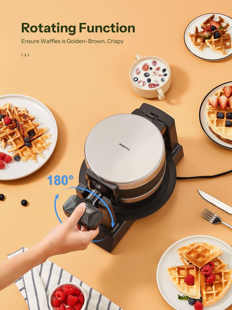 Reemix Classic Waffle Iron, Double Belgian Waffle Maker 180°Flip, 1400W Waffle Iron 8 Slices, Rotating & Nonstick Plates with Removable Drip Tray, Cool Touch Handles, Stainless Steel (8 Slices) - Image 3