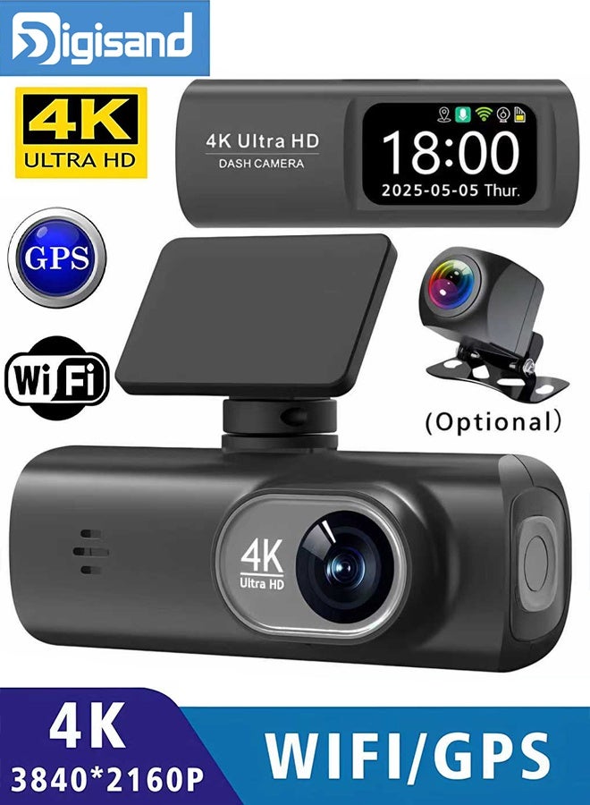 ديقيساند كاميرا داش كام فائقة الوضوح بدقة 4K للسيارات، عدسة أمامية وخلفية مزدوجة، عدسة أمامية بدقة 3840*2160 بكسل، عدسة خلفية، واي فاي مدمج، مستشعر G، نظام تحديد المواقع العالمي (GPS)، مسجل فيديو رقمي للسيارة - Image 1