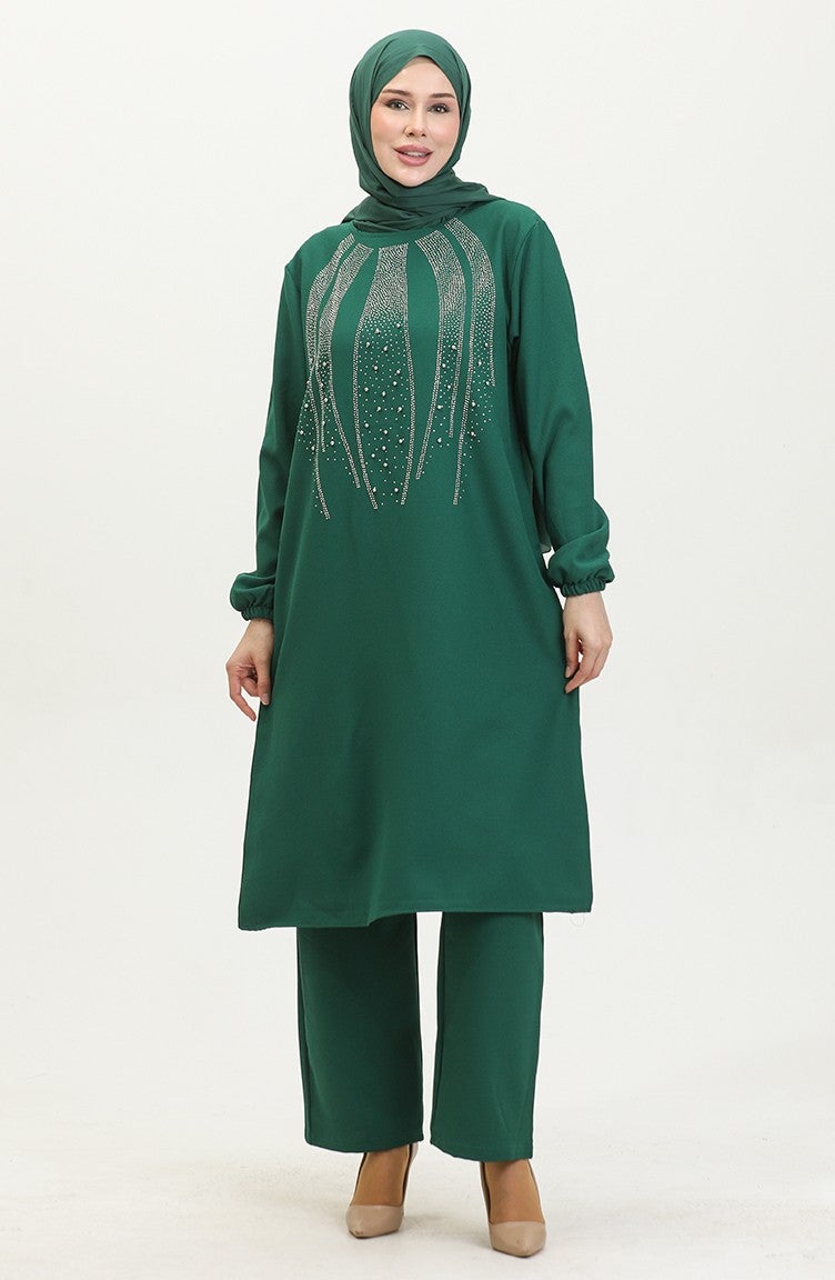 Sefa Merve Stone Printed Evening Dress Tunic Trousers Two Piece Suit 0410-01 Emerald Green - Image 1