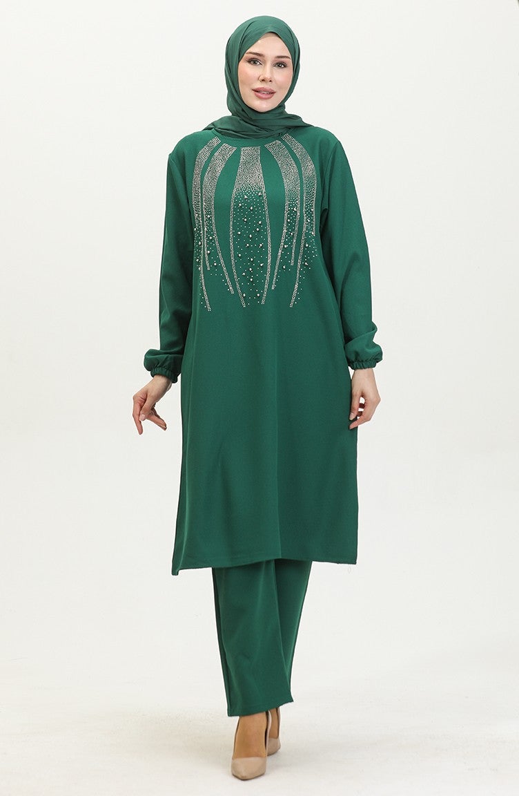 Sefa Merve Stone Printed Evening Dress Tunic Trousers Two Piece Suit 0410-01 Emerald Green - Image 2