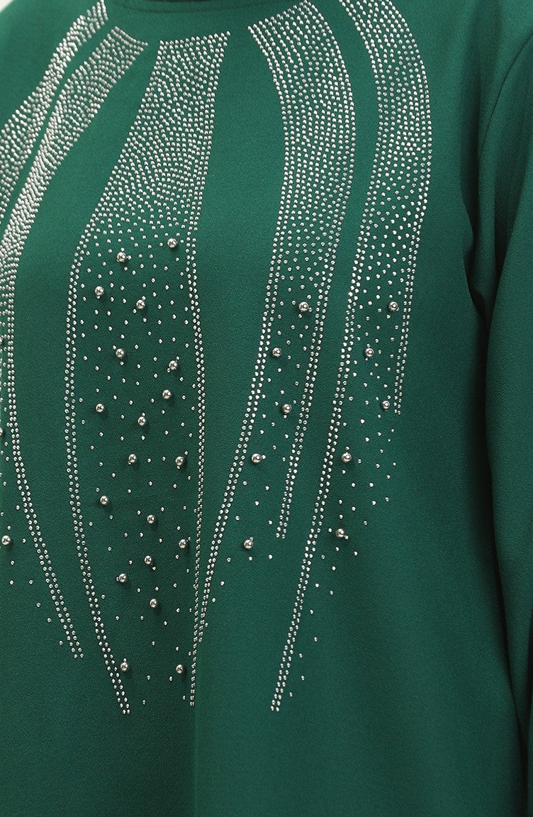 Sefa Merve Stone Printed Evening Dress Tunic Trousers Two Piece Suit 0410-01 Emerald Green - Image 5