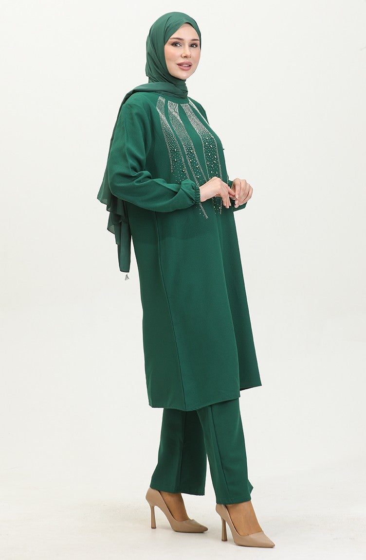 Sefa Merve Stone Printed Evening Dress Tunic Trousers Two Piece Suit 0410-01 Emerald Green - Image 3