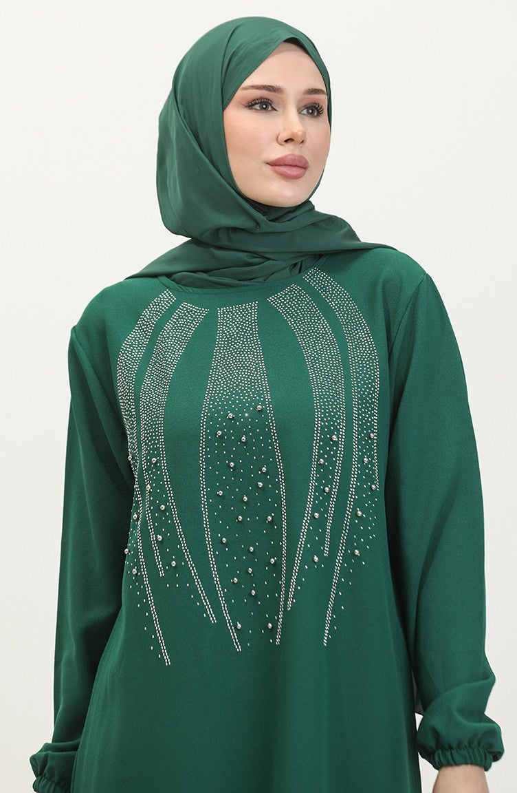 Sefa Merve Stone Printed Evening Dress Tunic Trousers Two Piece Suit 0410-01 Emerald Green - Image 4