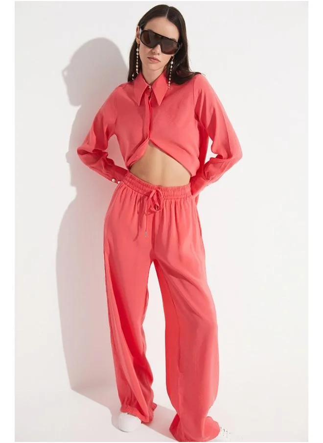 جون June Exclusive Elastic Waist Modal Blend Trouser Red