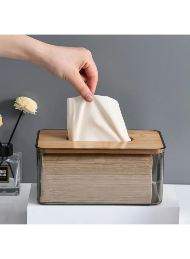 MOMENT Acrylic Rectangular Tissue Box Holder With Bamboo Lid For Bathroom And Living Room-Stylish Organizer - Image 5