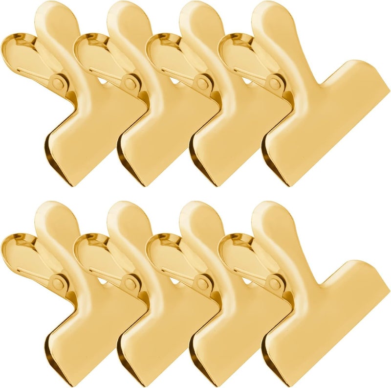 Funfery Gold Chip Clips Bag Clips Large Stainless Steel Clip for Food Storage,Air Tight Seal Chip Bag Clip 3 Inch Strong Food Clipp for Snack,Chips,Kitchen Decor,Home&Office Paper Heavy Duty-8 Pack - Image 1
