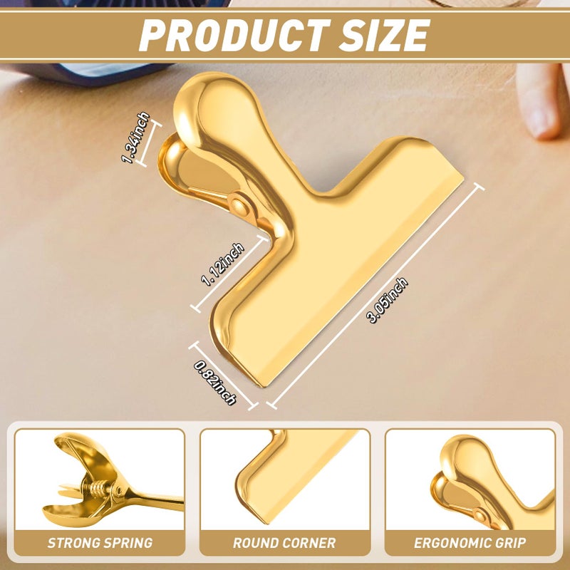 Funfery Gold Chip Clips Bag Clips Large Stainless Steel Clip for Food Storage,Air Tight Seal Chip Bag Clip 3 Inch Strong Food Clipp for Snack,Chips,Kitchen Decor,Home&Office Paper Heavy Duty-8 Pack - Image 5