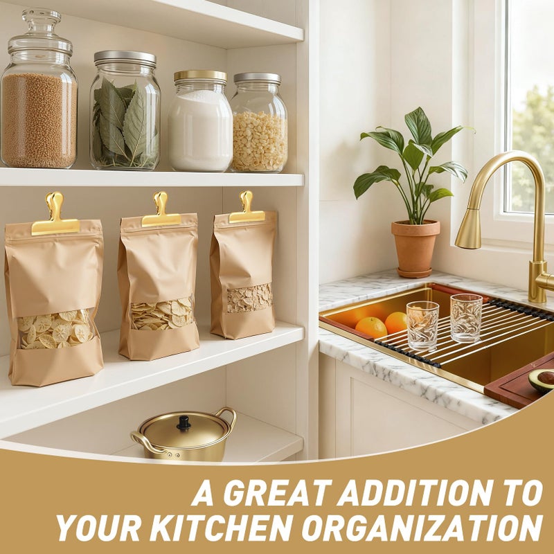 Funfery Gold Chip Clips Bag Clips Large Stainless Steel Clip for Food Storage,Air Tight Seal Chip Bag Clip 3 Inch Strong Food Clipp for Snack,Chips,Kitchen Decor,Home&Office Paper Heavy Duty-8 Pack - Image 2