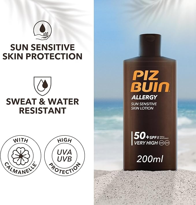 Piz Buin كريم الشمس بيز بوين للحساسية للبشرة الحساسة SPF 50 مرطب 200 مل لوشن واقي من الشمس مغذي ومرطب للغاية مع كالمانيل مقاوم للماء والعرق - Image 2