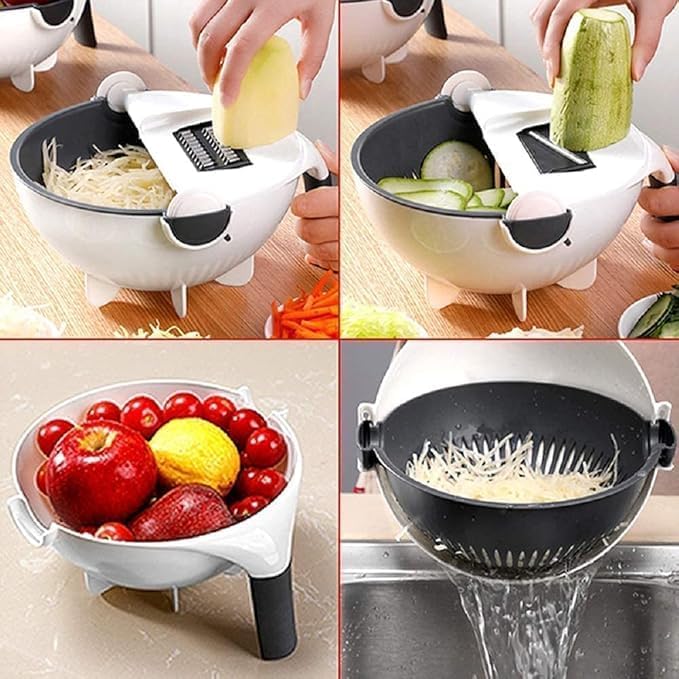 LUCC1N 9 in 1 Multifunction Portable Vegetable Cutter with Drain Basket Magic Rotate Vegetable Slicer Chopper and 9 Different Cutter Kitchen Tool Plastic - Image 4