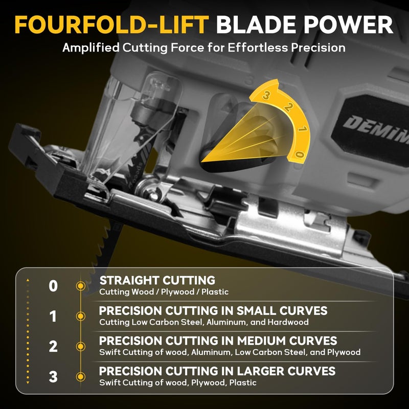 DEMIMA Cordless Jig Saw for De-Walt 20V Battery, 7 Speed Variable â€‹â€‹Up to 3200RPM, LED Light, 45Â° Bevel Cuts, 3 Orbital Motions, with Jig Saw Blade for Straight/Curve/Circle Cutting(Battery Not Include) - Image 4