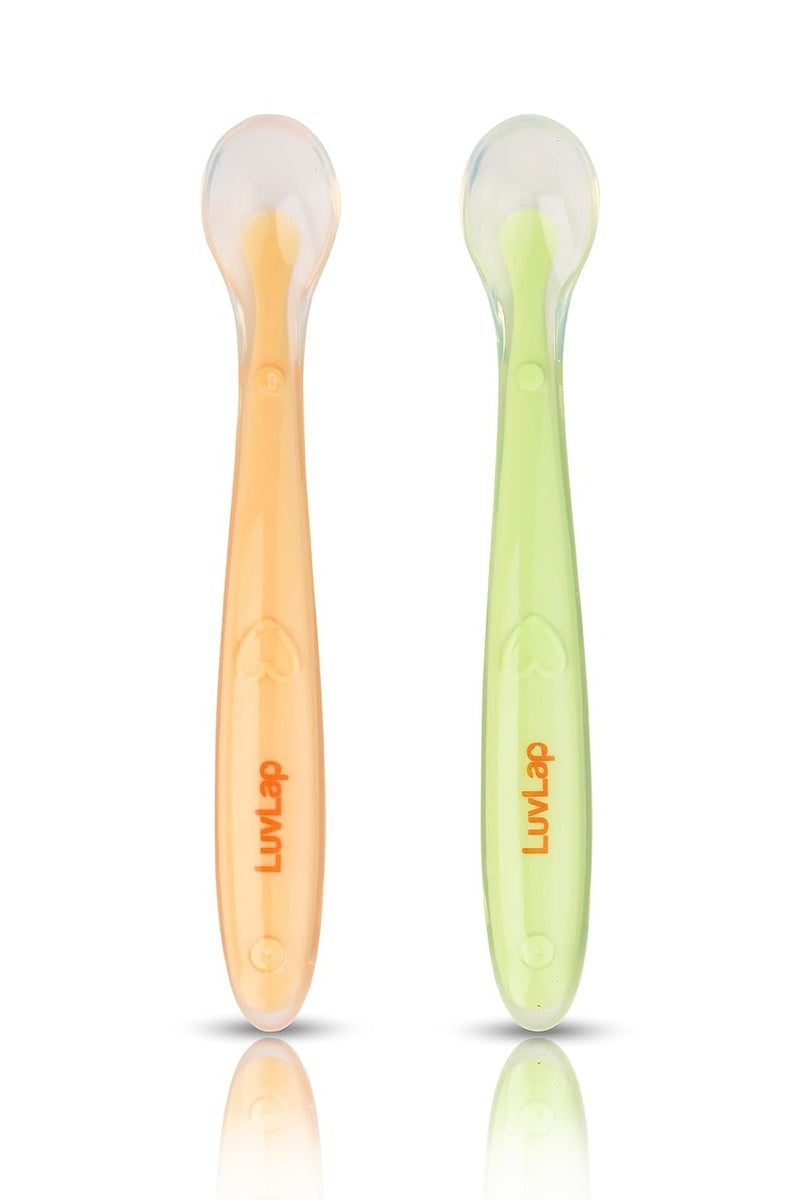 لوفلاب مجموعة ملاعق تغذية الأطفال من لوف لاب، قطعتين، بطرف سيليكون فائق المرونة، مصنوع من مادة خالية من مادة BPA، مع طرف سيليكون صالح للطعام، أداة تغذية ذاتية، ملعقة فطام للأطفال من عمر 4 أشهر فما فوق (أخضر ووردي)، 16 سم - Image 1
