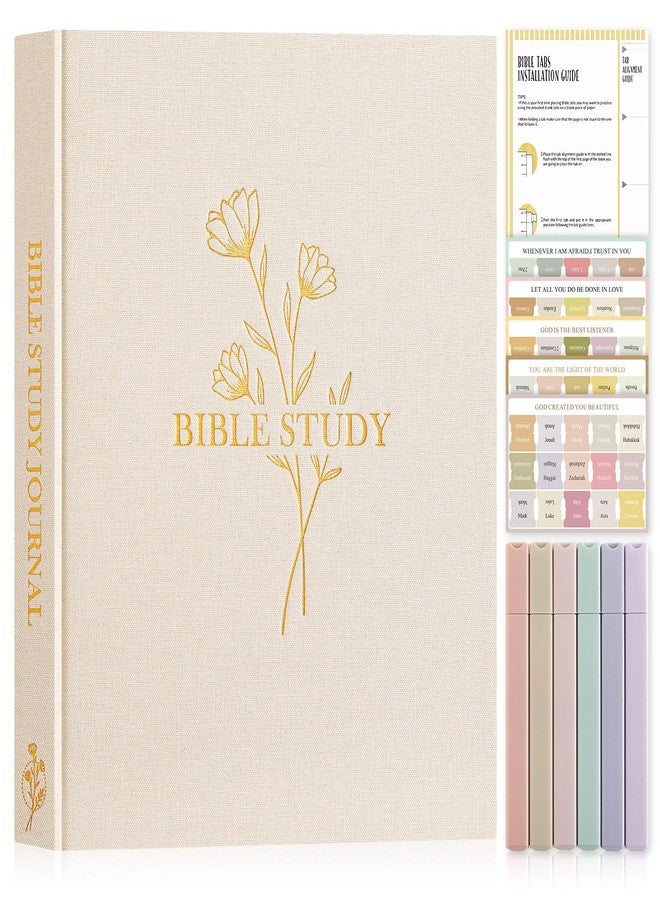 Lanpn Bible Study Journals for Women with Tabs & Highlighters, Church Notes Taking Daily Devotional Journaling, Linen Bible Prayer Guide Notebook Christian Religious Faith Based Gifts, Beige - Image 1
