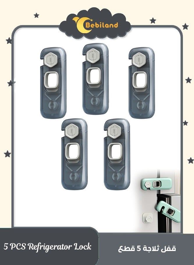 Bebiland 5 PCS Refrigerator Lock, Grey Strong Adhesive Child Safety Lock, Baby Proof Cabinet Fridge Door Lock, Multi-Purpose No Drill for Kitchen Drawer and Cupboard, Anti-Pinch - Image 1