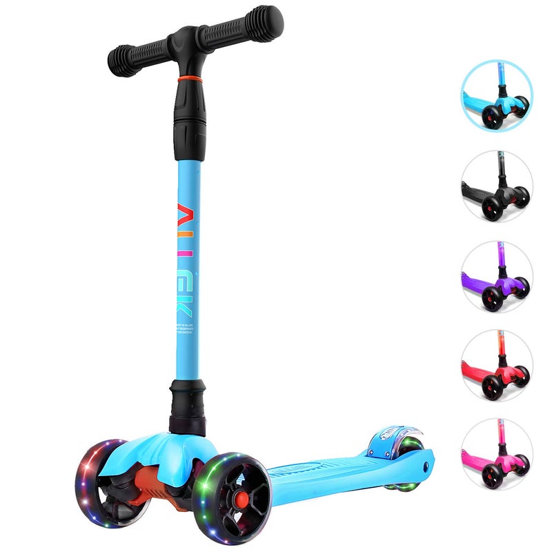 Allek Kick Scooter B02 Lean N Glide Scooter with Extra Wide PU LightUp Wheels and 4 Adjustable Heights for Children from 312yrs Aqua Blue