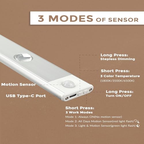 GITGRNTH 4 Pcs Black Motion Sensor Under Cabinet Light, 1200 mAh Battery, USB Rechargeable Closet Lamp Wireless Light 3 Dimmable LED Color Modes (Warm/Neutral/Cool White) Perfect for Decoration - Image 4