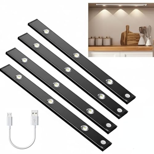 GITGRNTH 4 Pcs Black Motion Sensor Under Cabinet Light, 1200 mAh Battery, USB Rechargeable Closet Lamp Wireless Light 3 Dimmable LED Color Modes (Warm/Neutral/Cool White) Perfect for Decoration - Image 1