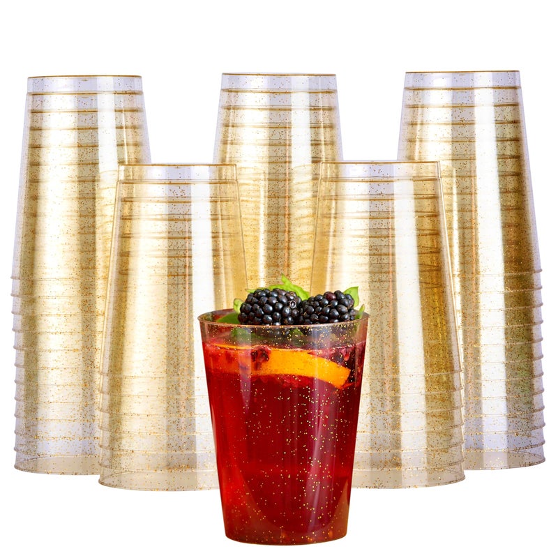 MATANA 50 Premium Clear Hard Plastic Cups with Gold Glitter Gold Party Cups 280ml  10oz  Reusable Glasses Tumblers for Drinks Cocktail Dessert Wine Champagne Wedding Birthdays Parties