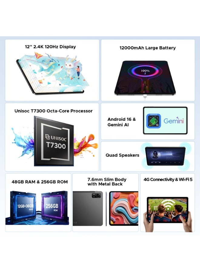 Doogee AORLYM P12 Pro 12-inch tablet, 2.4K 120Hz display, Android 16 with Gemini AI, 48GB RAM (12GB + up to 36GB expandable) + 256GB storage (expandable up to 2TB), 12,000mAh battery, Unisoc T7300 octa-core processor, 13MP + 8MP camera, Wi-Fi 5, facial recognition - Image 5