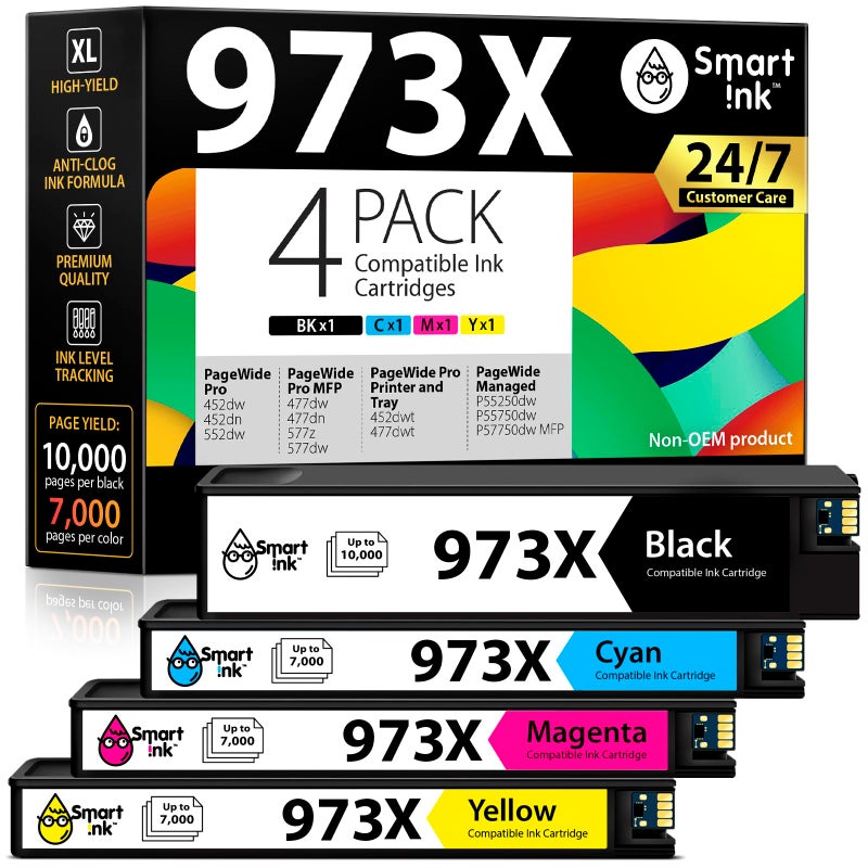 Smart Ink Compatible Ink Cartridge Replacement for HP 973X 973 (4 Pack Combo) to use with PageWide Pro 477dw 577dw 452dw 477dn 452dn 577z 552dw P55250dw Printers (Black & Cyan Magenta Yellow) - Image 1