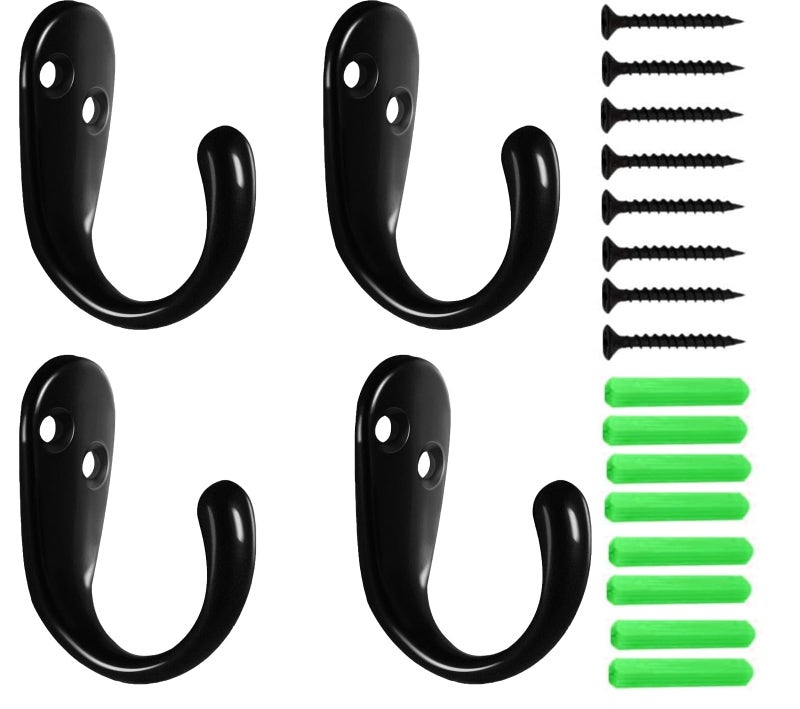 Kruodop 4 Pack Wall Hooks Wall Mounted Coat Hooks for Hanging Heavy Duty Black Towel Hooks Metal Single Coat Hanger with Screws Cup Retro for Coats Handbags Towels